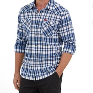WRANGLER Mens Twill Shirt Size 3XL Blue White Plaid Glasses Cleaner On Shirt New